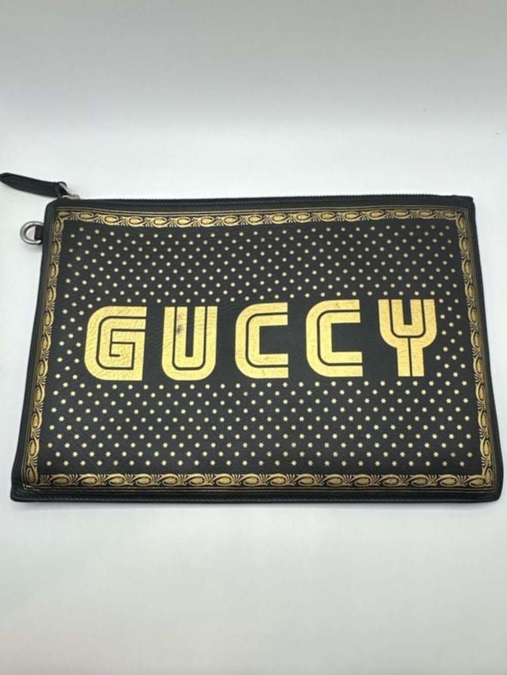 Authentic Gucci x SEGA Black & Gold Leather Guccy Magnetismo Zip Clutch Pouch